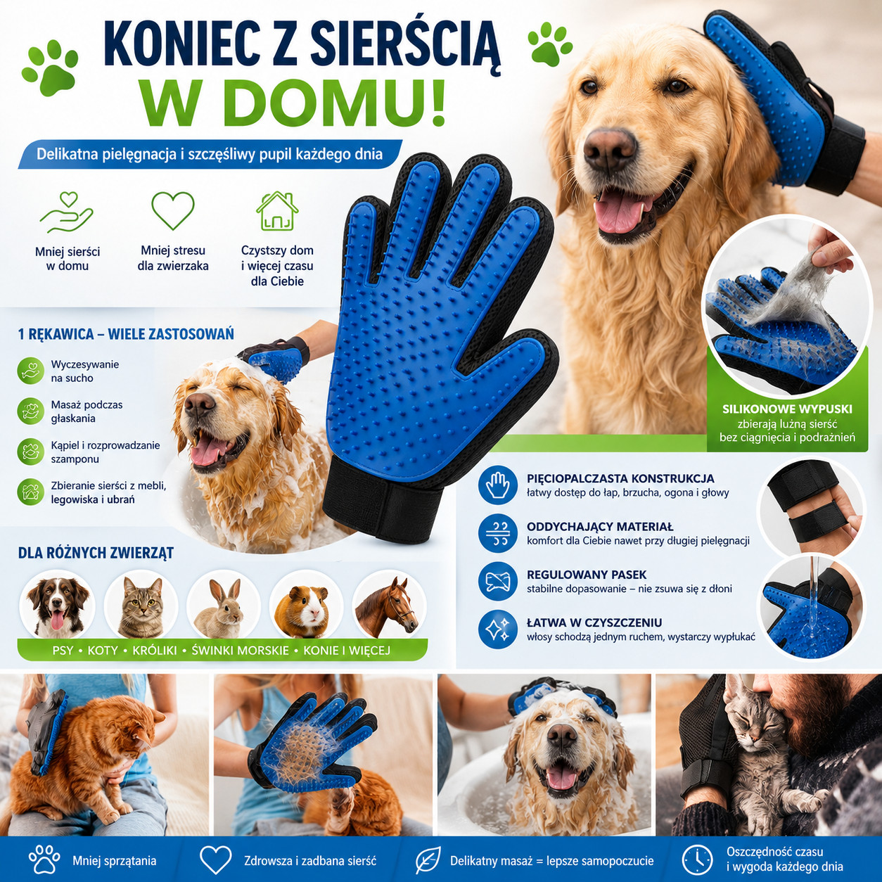 RĘKAWICA SZCZOTKA DO WYCZESYWANIA SIERŚCI GŁASKANIA KĄPIELI MASAŻU PSA KOTA