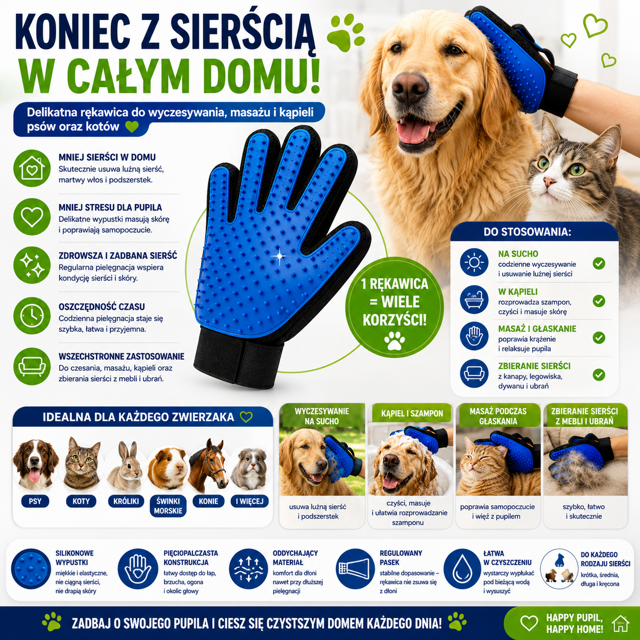 RĘKAWICA SZCZOTKA DO WYCZESYWANIA SIERŚCI GŁASKANIA KĄPIELI MASAŻU PSA KOTA