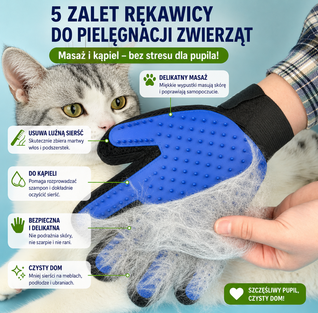 RĘKAWICA SZCZOTKA DO WYCZESYWANIA SIERŚCI GŁASKANIA KĄPIELI MASAŻU PSA KOTA