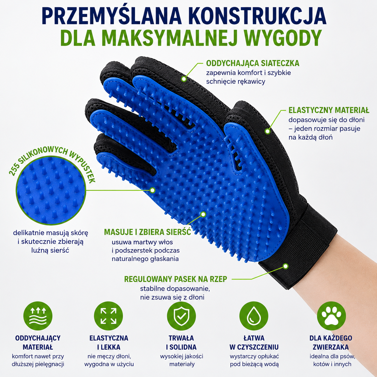 RĘKAWICA SZCZOTKA DO WYCZESYWANIA SIERŚCI GŁASKANIA KĄPIELI MASAŻU PSA KOTA